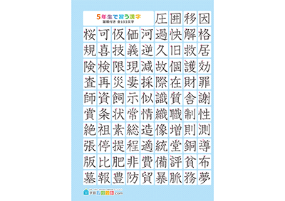 小学5年生の漢字一覧表（筆順付き）A4 ブルー 左